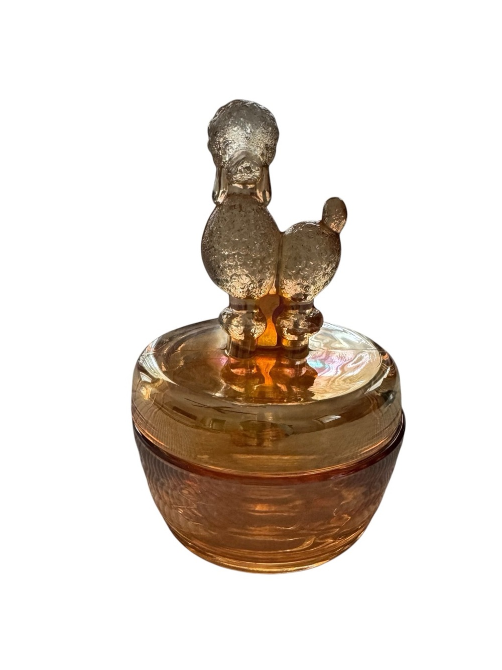 Vintage Glass Marigold Iridescent Glass Poodle Trinket Box Candy Dish